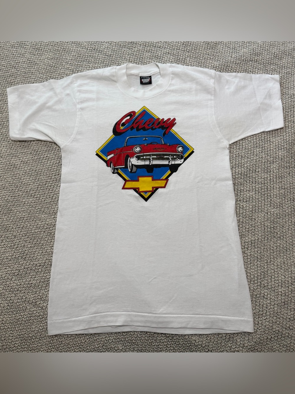 Screen Stars single stitch White Tee with Red Chevy Car and Blue/Yellow Logo - M